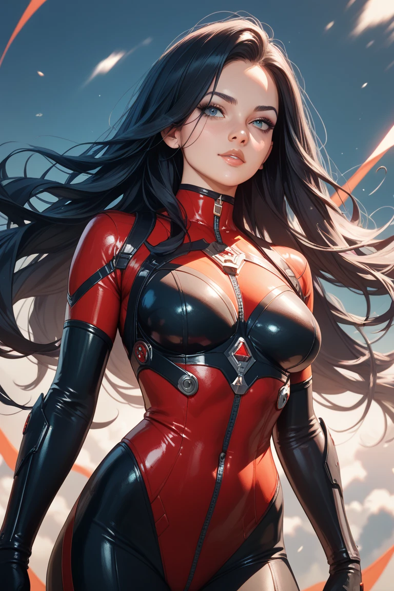 She's dressed in a sleek red suit that perfectly matches her deep, crimson eyes. Her mouth is set in a thin line, and she has a very severe expression.