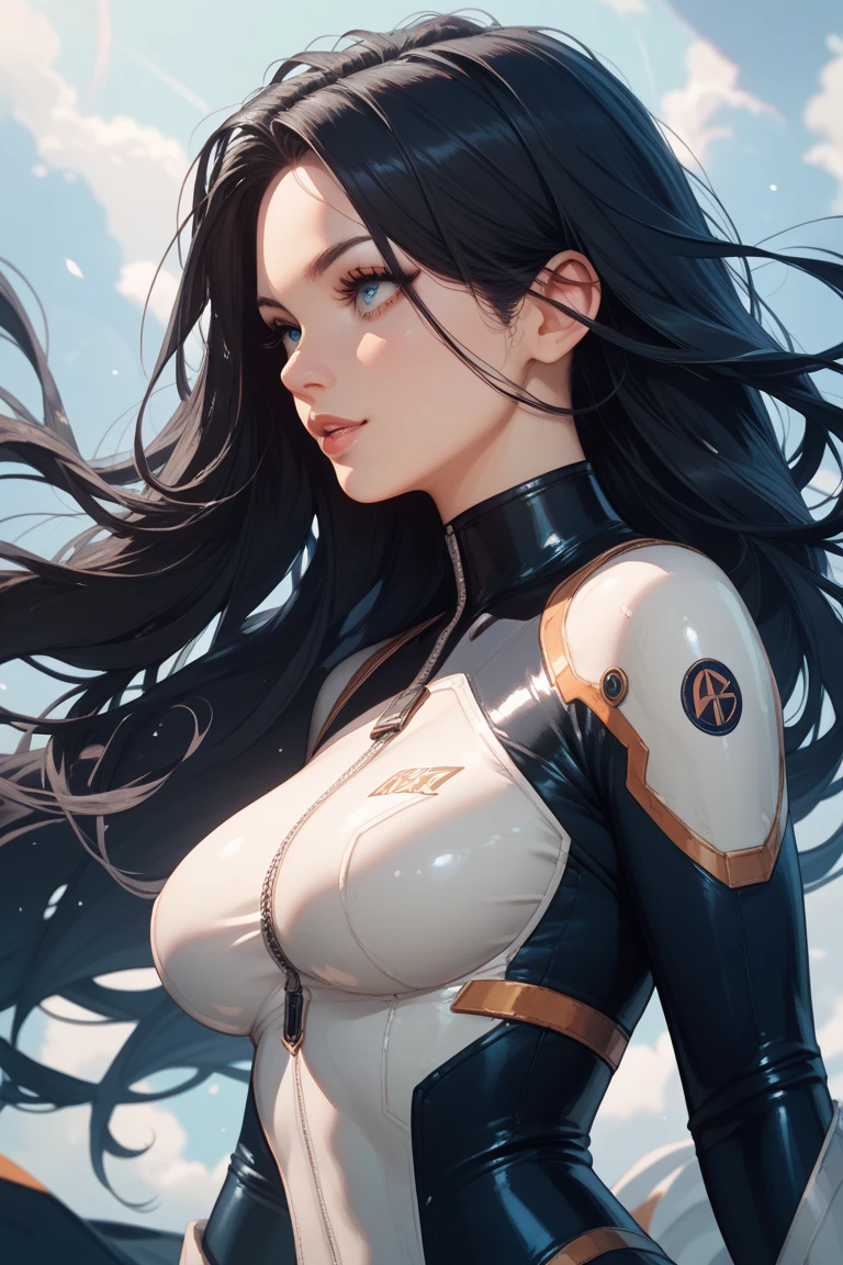 Best quality, 8K, woman retro super hero futurism, beautiful and detailed face, black straight long hair, bangs,big eyelashes,LOOKING TO observer,TRANSPARENT SKIN TONE LATEX leotard, metalic details, SKIN TONE pantyhose, sheer gloves,white neutral scenario