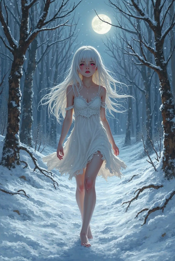A young girl with a very good physique with very long white hair, pink eyes, dressed in a short nightgown that is torn in several places and a large neckline , wanders through a snowy forest at night 