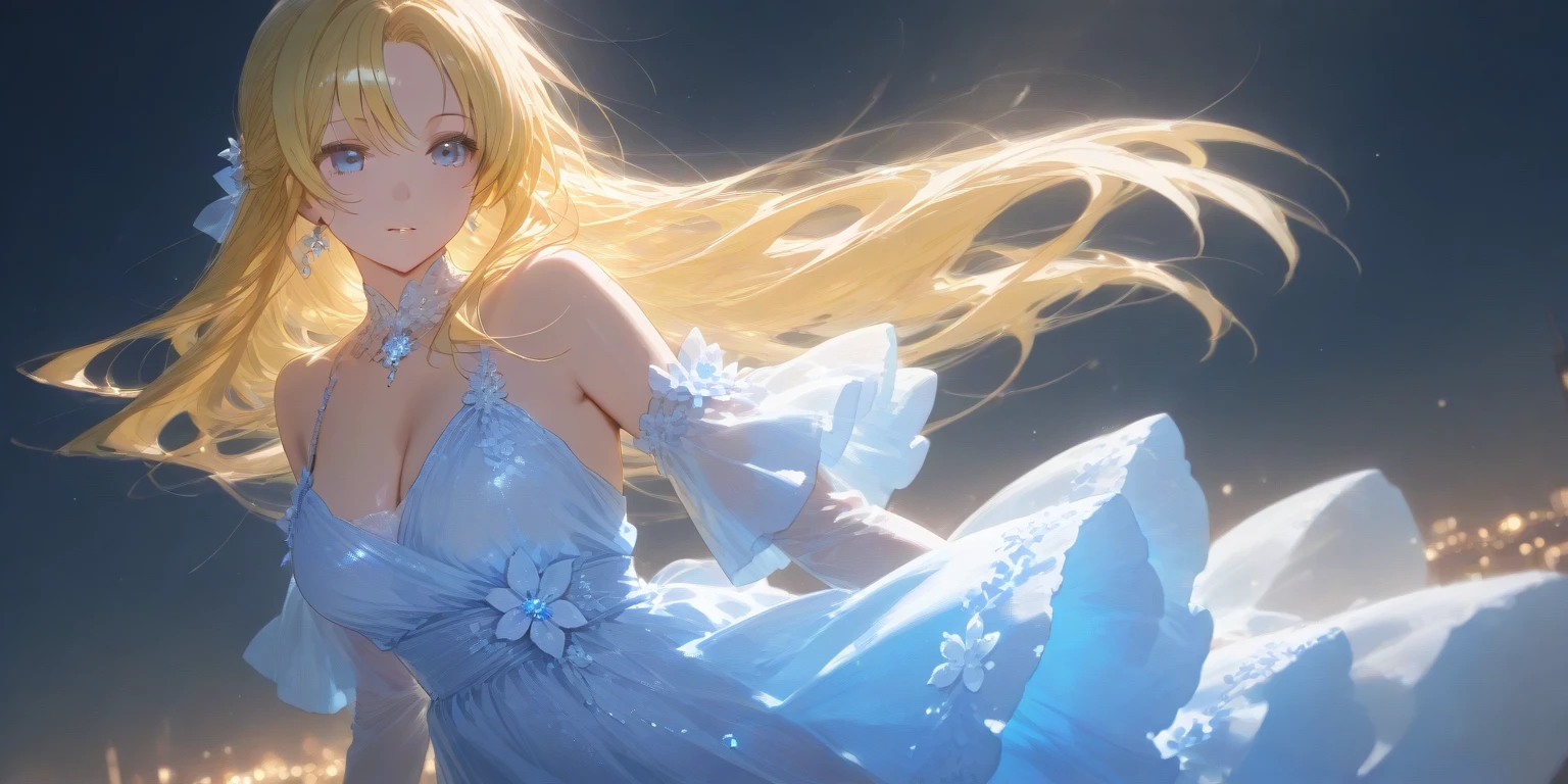 anime、Vibrant colors、beautiful girl、17 years old、Blonde、Long Hair、Large Breasts、Bright eyes、Sparkling eyes、A cheerful smile、Gazing into the distance、profile、dancing、Clear water flows like a waterfall、Fantastic World、night、Starry Sky、Beautiful dress