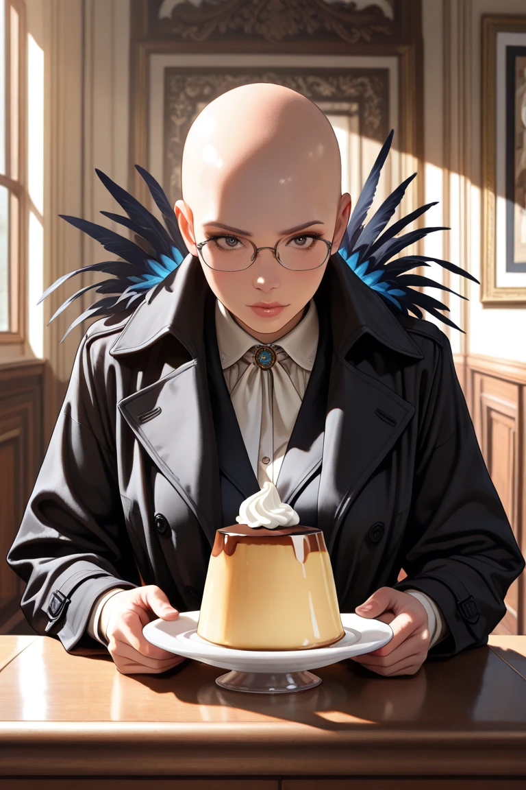 ((RAW photos)，absurdity of feather，(absurdity of feather分辨率))， masterpiece，best quality，(extremely detailed 8k unity CG wallpaper)，( BEST ILLUSTRATION )，(best shade)，Realistic Lighting，beautiful and detailed brilliance，((21 years old))，Ao Fang，glasses，Bald，black coat，pudding, monochrome background