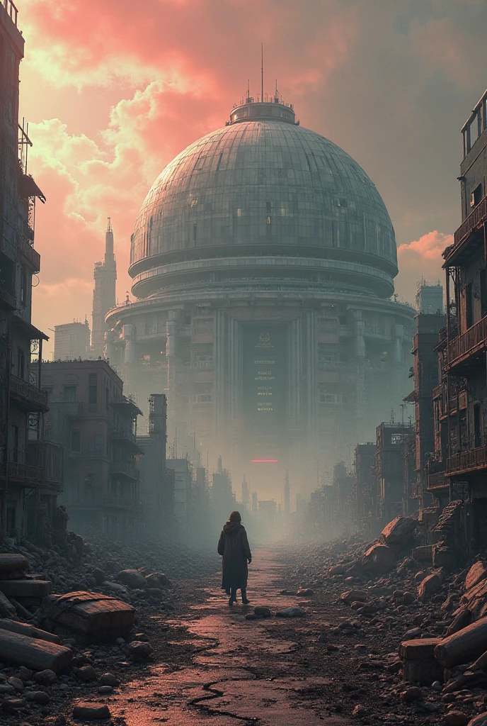 
Generate a view from a distopic apocalyse exterior (devastation, ruins) of a dome futuristic mega  city