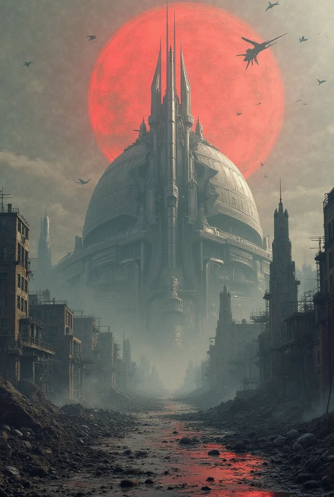 
Generate a view from a distopic apocalyse exterior (devastation, ruins) of a dome futuristic mega  city