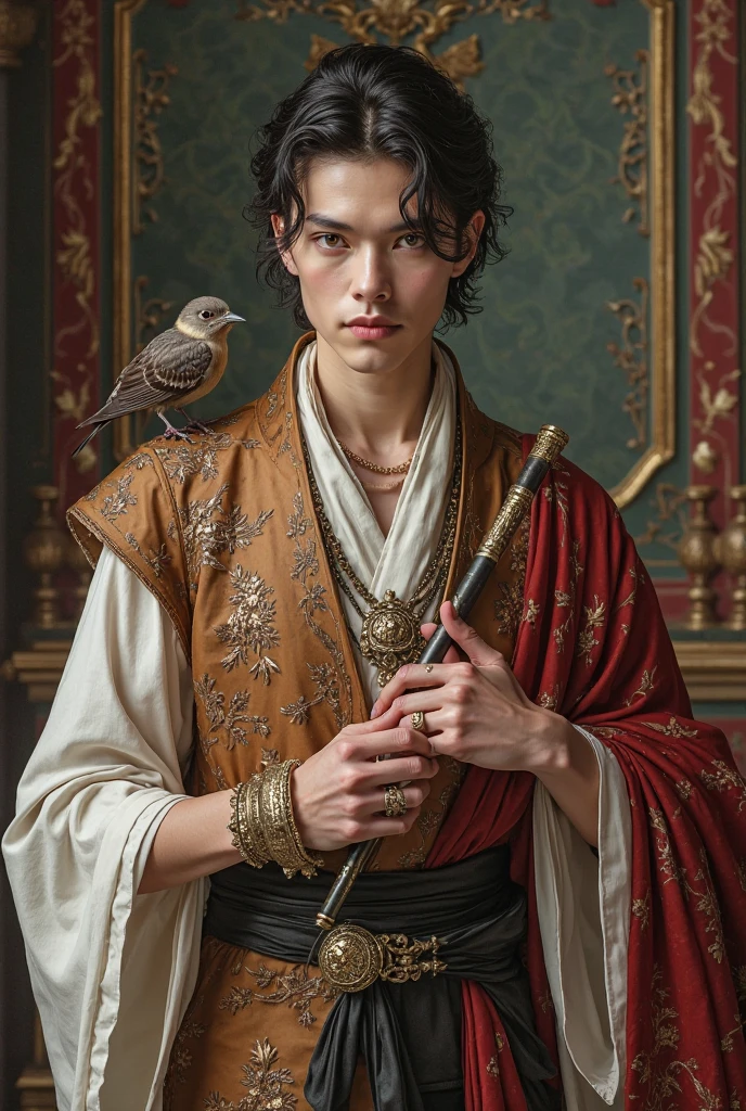 Create a feminine-looking man who holds power in his domain, holding a small flute and accompanied by a bird, dressed in royal-like clothing but still appearing feminine