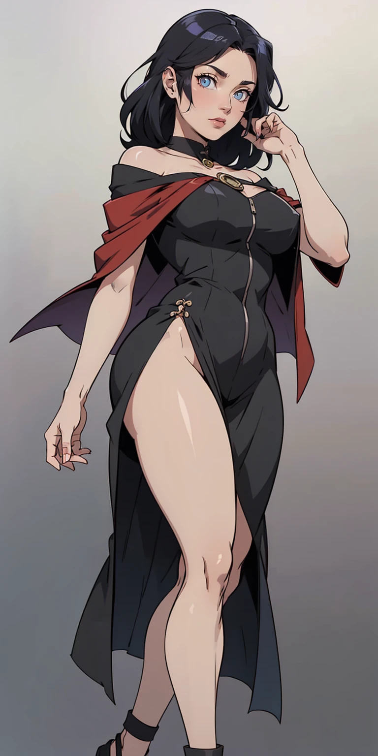 (Masterpiece, plain background:1.2) 1sologirl female full body, standing straight symmetrical barefoot barehands together looking to camera view from farther shot below angle, strong abs, red cheeks smiling, dark elf, darkest blacked elf skin, long mess white hair, red eyes, circlet, 1990s style retro game, bikini robe stockings sleeves