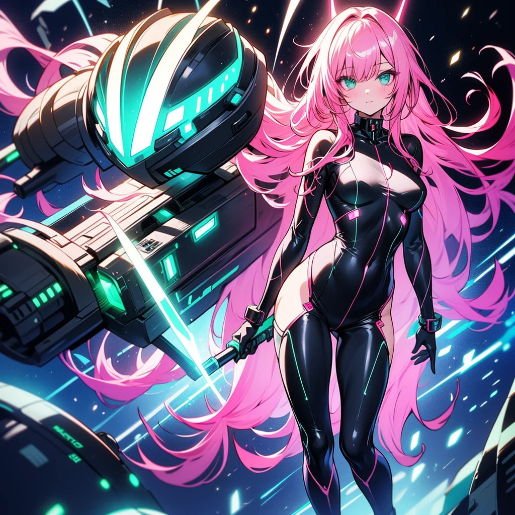 (masterpiece), (best quality), (high res) Solo, (perfect anatomy), young girl (10 years old), fair skin, pink hair (shoulder length), green eyes, (skin tight idol outfit), (blue high heels boots), (tied up shirt), (super tight mini shorts), smiling, flat chest in a futuristic space setting with a green light, cyberpunk, cyber suit, best anime 4k, cybersuits, from behind