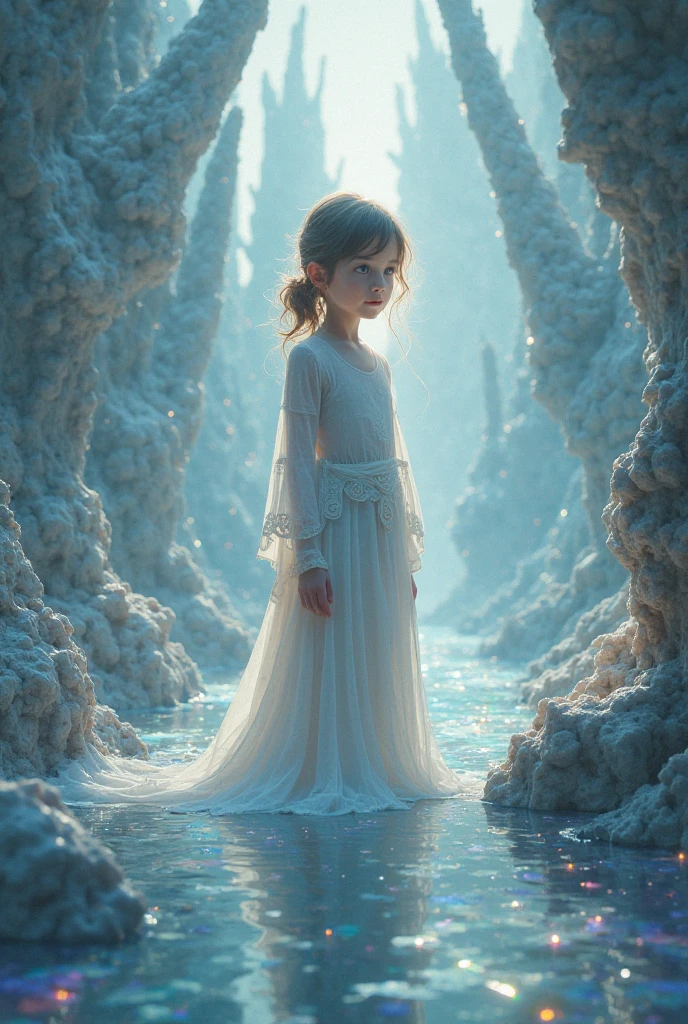 A crying girl in a crystal castle, in a very cold winter, detailed face, beautiful detailed eyes, beautiful detailed lips, extremely detailed eyes and face, long eyelashes, porcelain skin, delicate features, cold air, icy crystals, snowflakes, icy landscape, snowy environment, soft lighting, dramatic lighting, cinematic, muted colors, cool tones, masterpiece, (best quality,4k,8k,highres,masterpiece:1.2),ultra-detailed,(realistic,photorealistic,photo-realistic:1.37),concept art, digital painting
