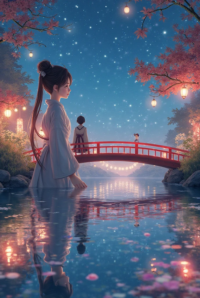 Pretty girl that looks at the lake water at night on a festival while wanderer from Genshin and on a red bridge together