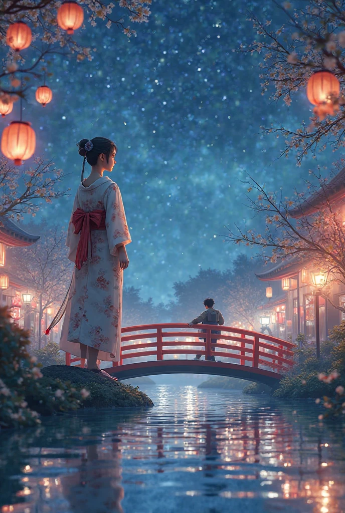 Pretty girl that looks at the lake water at night on a festival while wanderer from Genshin and on a red bridge together