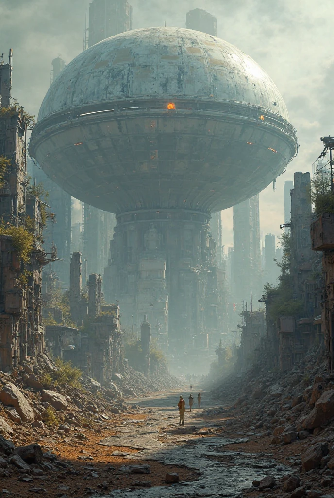 
Generate a view from a distopic apocalyse exterior (devastation, ruins) of a dome futuristic mega  city. All city is covered by the dome
