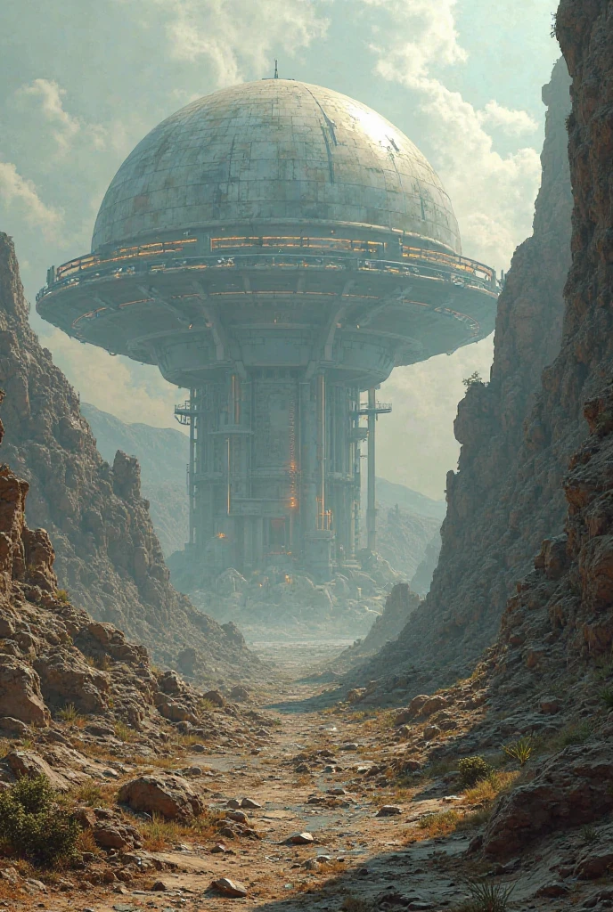 
Generate a view from a distopic apocalyse exterior (devastation, ruins) of a dome futuristic mega  city. All city is covered by the dome