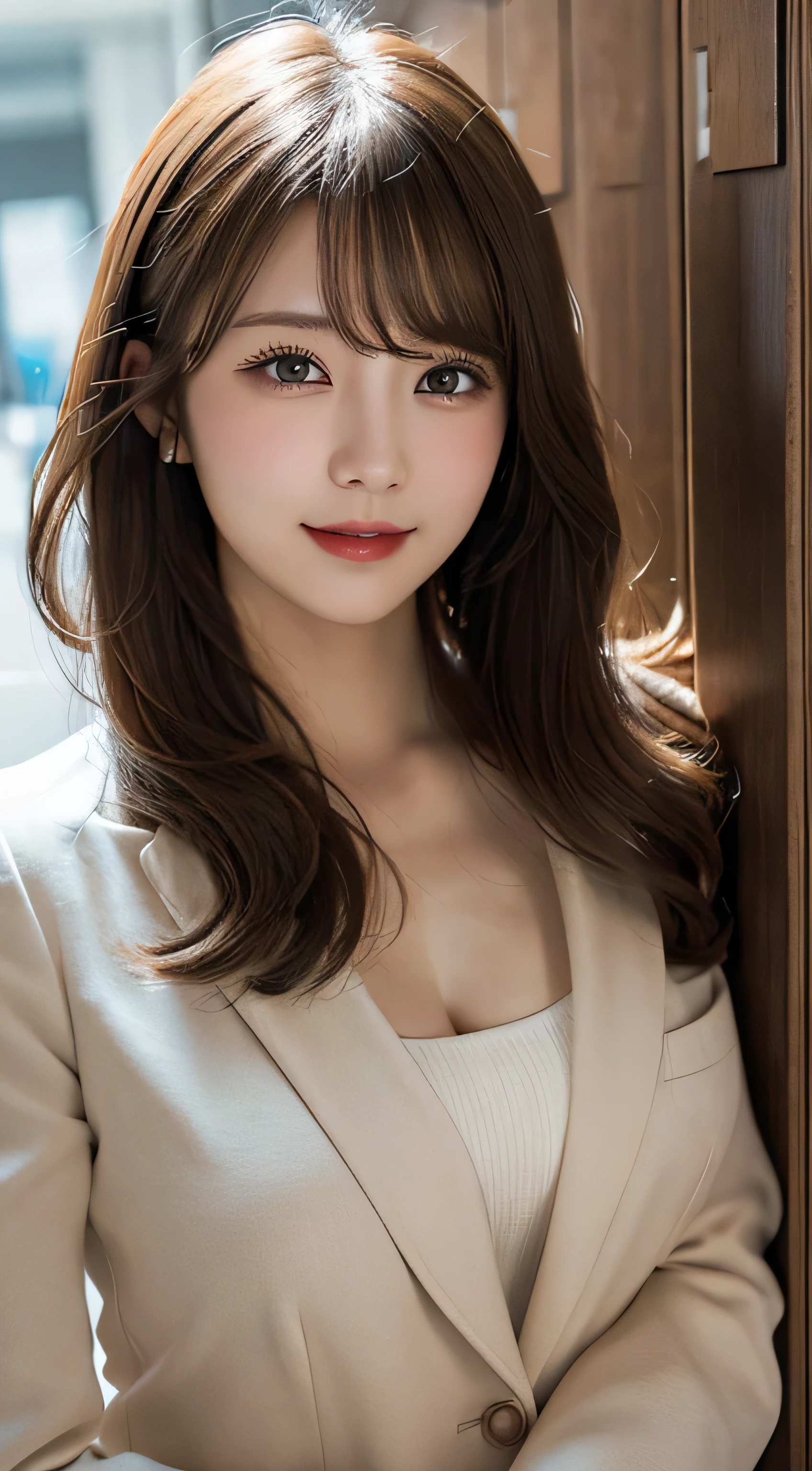 Realistic:1.2,masterpiece,Highest quality,8k,((One Japanese woman)),Age 20,Tight waist,String,Perfect Anatomy, Secretary-style suit,Brown Hair, Wavy Hair,Random Hairstyles,Big beautiful breasts,((Highly detailed face and eyes))(Cute Face:1.4),Beautiful actress face,Perfect golden ratio face,Random sexy poses,Cowboy Shot