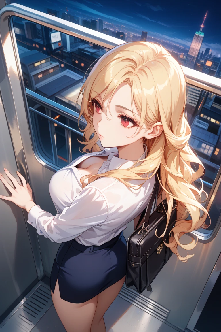 最high quality, masterpiece, High resolution,whole body, One girl,Short sleeve white blouse,Black tight skirt,Beautiful Face,On top of that_body,ponytail, Tyndall effect,Realistic, Dark business district, Rim Light, Two-tone lighting,(Skin with attention to detail:1.2), 8k uhd, Digital SLR, Soft lighting, high quality, Volumetric lighting, Frank, photograph, High resolution, 4K, 8k, Bokeh, Blonde, ((In a crowded train))