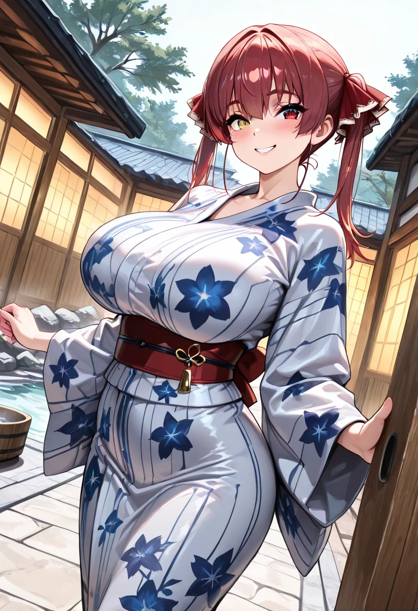 solo, long hair, breasts, looking at viewer, bangs, big breasts:1.5, hair ornament, cleavage, blue eyes, full body, clip on hair, laughter ,parted lips, japanese clothes, kimono, mole, mole under eye, kushina ,curve body,milf,motherly,mature female,night sky ,standing ,cross hand holding kimono,untied kimono, cowboy shot,kimono off the shoulder,oil skin, Milky white skin, ,wet hair, mercenary pose,face on front,big round breasts. slightly , slim body, sexy body, white skin, loose kimono ,face on camera , erotic pose,in a grass field ,short grass