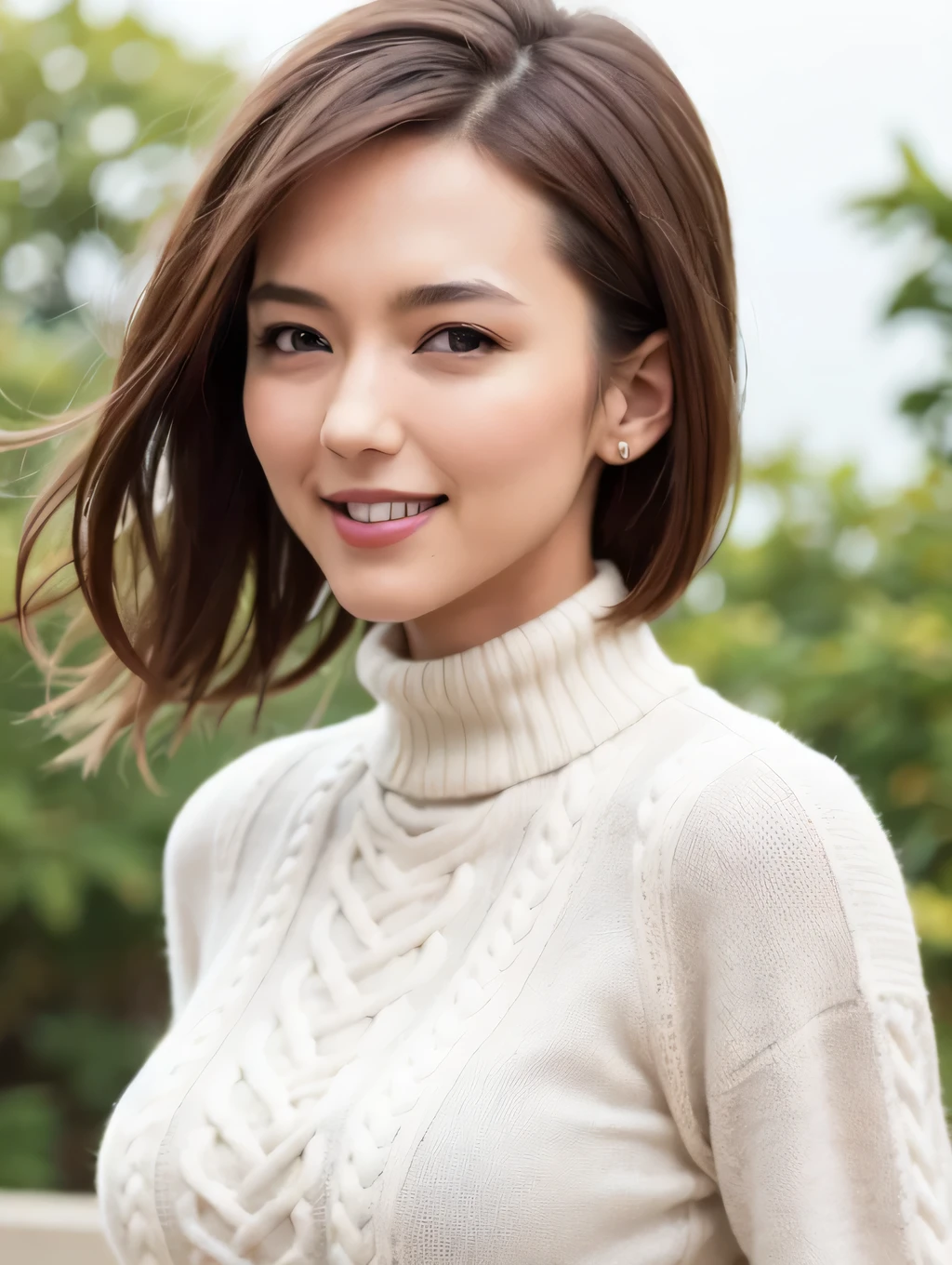 top quality, Photorealistic, 8k, high res, 1 girl , woman, ( skintation), ( portrait:0.6), blur the background , Outdoor, ( high neck sweater:1.8), nice, ( knight , Floating Hair:1.5), ( Dynamic Poses :0.8), soft lighting , wind, garden, Watch Viewers, ( 1 girl eyes Watch Viewers, brown hair, lips, smile, split bangs :1.6), Photorealistic, (Bokeh), nice, pureerosface_v1,
