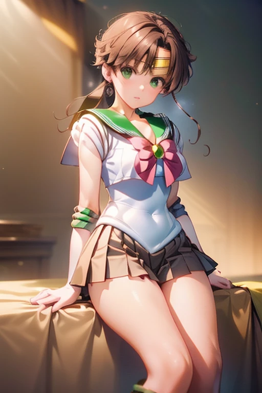 Highest quality, (masterpiece:1.2), Very detailed, 
One girl, alone,
View your viewers, smile, Medium chest, 
Brown eyes, Brown Hair, short hair, naked、((Thigh-high socks))、On the bed、((Sailor Warriors))、((Long gloves))