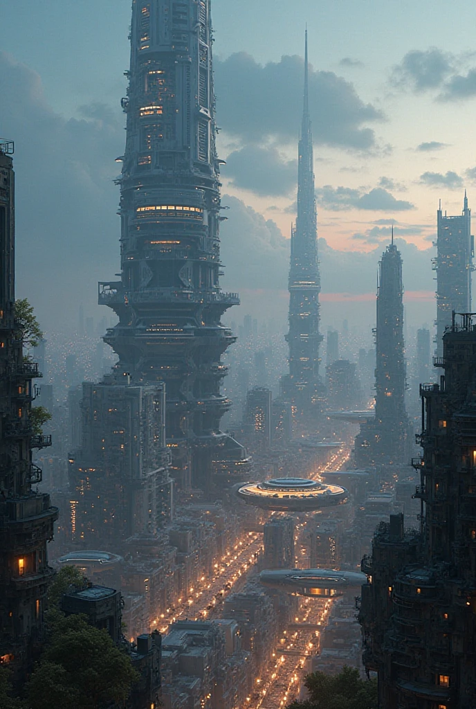 A futuristic megacity no more than 3 kilometers in diameter and rising up to 4.5 kilometers in height, with underground structures reaching 1.5 kilometers deep. The city has a central tower housing government headquarters and institutions, surrounded by zones of education and recreation. To the far north are high-tech industrial work sectors, while in the southern quadrants lie sleek residential areas. Aerial structures float above the city, powered by credit-based access. The underground sector is a grid of free housing for low-income citizens, illuminated with soft ambient lights. Style: sci-fi, ultra detailed, digital art, cityscape, cyberpunk tones, epic scale, cinematic lighting, dusk or night scene. Generate a outside view of this city, the exterior is distopic apocalyse.