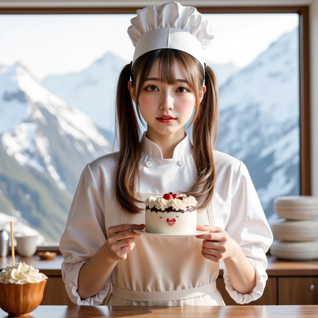 Super Real, photorealistic, Dramatic scene, shadow, global lighting, solo, 1 girl\(Age Famous Japanese Idol Girl,   in Japan  , Detailed  Skin Textures,  彼女teethメイドコスチュームを着たウェイトレス , wearing a traditional raffled  pastry chef outfits, very , slim waist, big smile,  pastry chef,  Extra long twin tails ,  Gold\),  彼女teeth、cute anime cat wearing a white Japanese chef's hat on a traditional Japanese chef's white uniform , with a smile,   wears her own  ,  wearing traditional lottery maid clothes , smile, looks so happy,   a giant black cat like a human  \( Like an old man  , Master of Chef ,  teeth、伝統的なラッフル付き pastry chefの衣装を着て、 in an open kitchen 、fine dining ,   I'm making a very big, gorgeous cake in the shape of , little chubby\) , オープンキッチンにteethたくさんの種類のプロ用の調理器具があります, Stunning views of the snowy mountains from the large window behind the cat