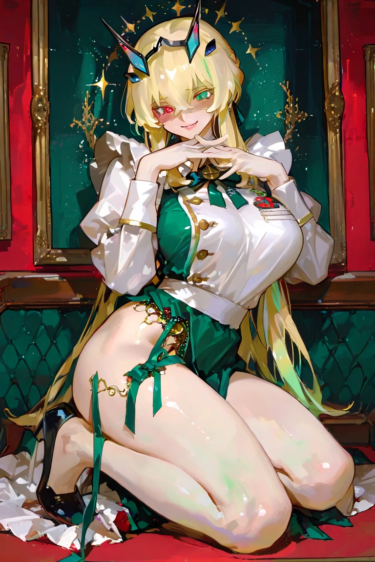 ultra-detailed, (bestquality), impeccable, green eyes, blonde hair, curly hair, busty, playful, seductive, (low cut outfit), (bunny ears), (thigh-high stockings), (heels), (winking), (lush lips), (sparkling eyes), (hourglass figure), (posing), (sitting on a chair)