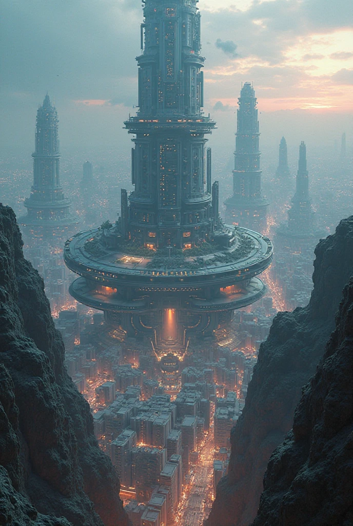 A futuristic megacity no more than 3 kilometers in diameter and rising up to 4.5 kilometers in height, with underground structures reaching 1.5 kilometers deep. The city has a central tower housing government headquarters and institutions, surrounded by zones of education and recreation. To the far north are high-tech industrial work sectors, while in the southern quadrants lie sleek residential areas. Aerial structures float above the city, powered by credit-based access. The underground sector is a grid of free housing for low-income citizens, illuminated with soft ambient lights. Style: sci-fi, ultra detailed, digital art, cityscape, cyberpunk tones, epic scale, cinematic lighting, dusk or night scene. Generate a outside view of this city, the exterior is distopic apocalyse.