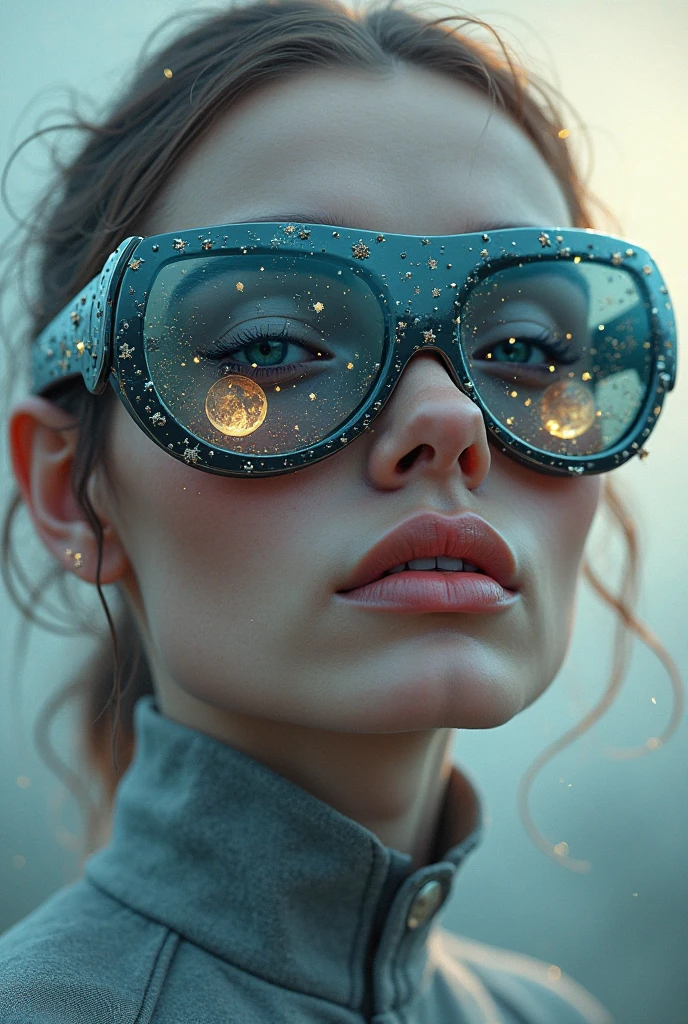 The model is wearing glass sunglasses with stars and the moon on the glass