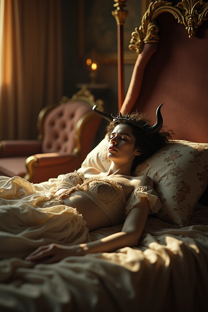 (Night view), picture image: succubus, dark room Portrait, masterpiece, Best quality, High solution, 32K HDR, Ultra-realistic texture, hyper derailed face, Devil Woman, {35 year old woman}, straight black channel hair, dark purple lipstick, Detailed eyes, black tattoos on the arm, central lip ring {eroticism 1.5}, Photorealism, Full body shot, ((Overhead view)), realistic shaved armpits, (outfit: strapless leather bra, big devil wings exposed from her back), (lay down on the shabby bed with yawn and closed eyes), exposed ultra huge breasts from bra, ((big devil horns on the head, devil tail from hip)), spill ultra huge cleavage out from bra, perfect body type, (in the dark shabby and messy basement), in the abandoned house, Detailed face,