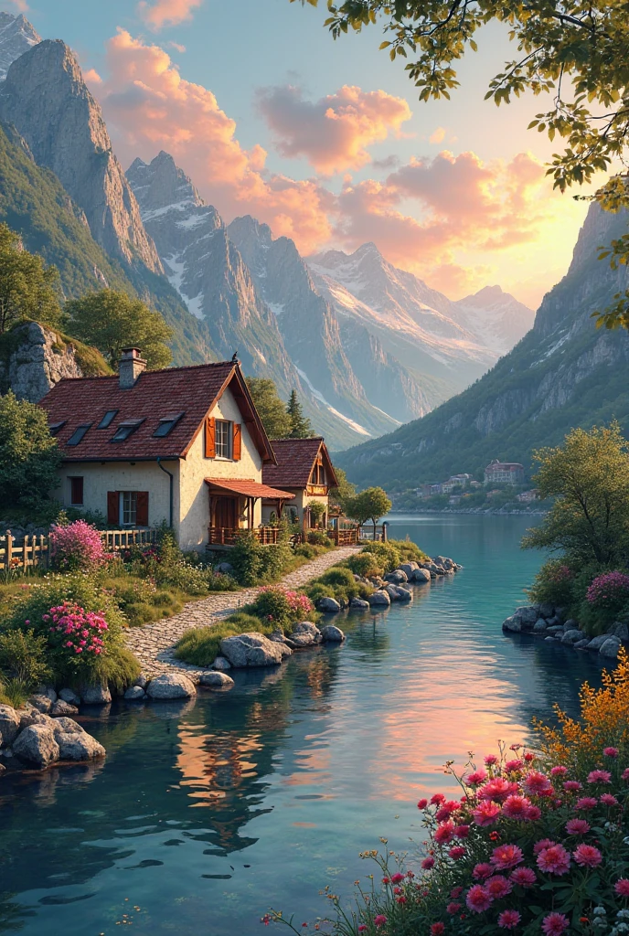 A small village by the river, mountains in the background, colorful flowers, detailed landscape style, beautiful natural scenery, atmospheric lighting,  scorching sunset ,  warm colors, practical, photographic, detailed foliage, complex buildings , cobblestone street, charming country house, vibrant colors, lush vegetation, reflections in the water, pitoresco, idyllic, work of art, Best Quality, 8k, extremely detailed, anime style