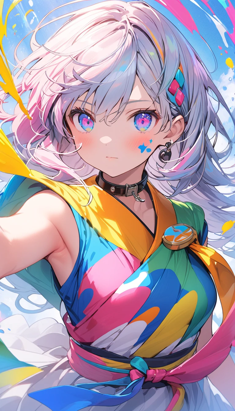 Vector image, anime style clown shirt print, sensual style colorful clown clothes, white background image, vivid colors, anime style drawing image.