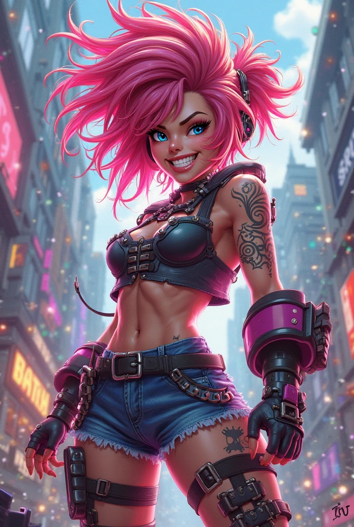 1 girl, fingerless gloves, gloves, green eyes, black cap, red horns, jacket, looks at the viewer, pink hair, one pony tail, red nails, solo, chest, white top, green eyes, jacket, looks at the viewer, mid-body, navel, pink hair, one pony tail, black shorts, solo, Hip Strap, red horns, looks at the viewer, middle chest, navel, one pony tail, short shorts, black shorts, smile, solo, chest, green eyes, smirk, big chest, looks at the viewer, pink hair, red jacket, smile, solo, no ears, The girl winked victory hand, upper body, Little hair, no ears , sexy