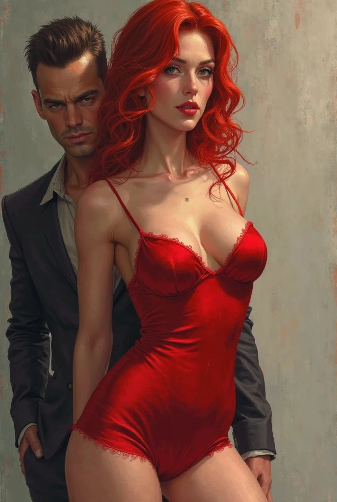 Create a drawing of a woman in a short dress, red hair and sexy body, with your ugly boyfriend