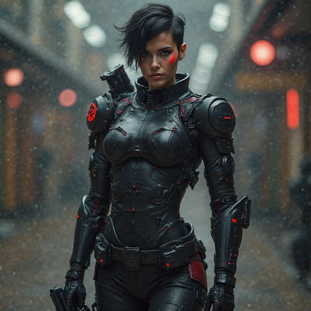 (work of art, Best Quality), (de frente, extremely detailed, depth of field), (Badass image, Badass person, Badass costume). An improved welder, genetically improved welded. small breasts, thin waist, thick thighs,  tall and strong woman , Technological and modified body, robotic parts, Robotic prosthetics,  asymmetric body . Pele clara, black hair with patches painted red, short hair, men's haircut, olhos preto, burn scar on the face, injured body. Wearing a technological tactical suit, black technological suit, costume made of nano technology, Tech Mask, mascara badass, tight black shirt, shirt with long sleeves, Breast fracture, tight black pants, pieces of black armor, Neon red LED details on the costume,  Technological armor , extremely technological and irate costume, traje extremely detailed e bonito.  combat pose, Holding a technological black gun, within a war scenario, cyber punk