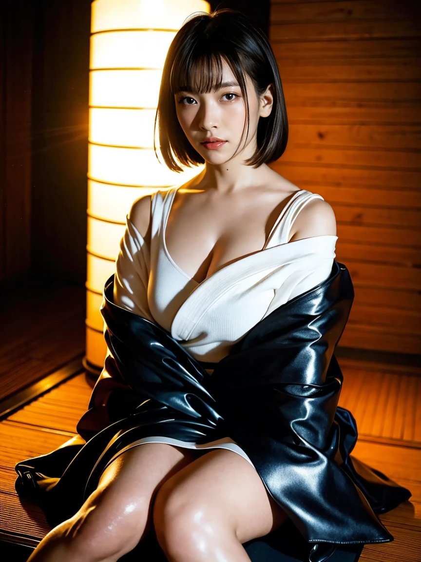 8k quality, best of the best, live action, realistic human feel, realistic skin texture, natural skin, Japanese woman with long shaggy straight black hair with bangs, messy hair, sitting, wearing drop shoulder kimono made of shiny ultra thin rubber material, knees visible, (20cm above knees), shiny skin, Ray Tracing, cinematic lighting, back lighting