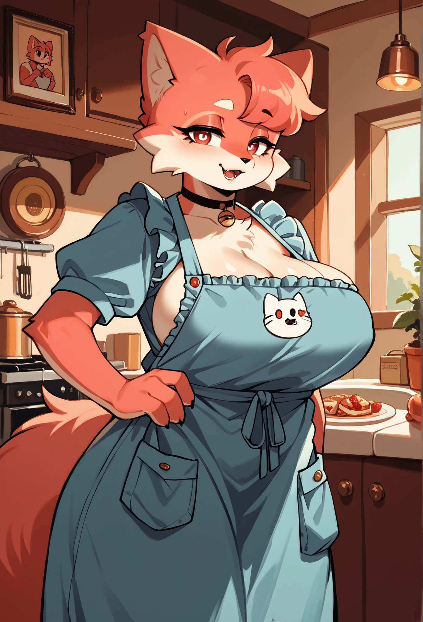 Alone , feminine, Sillycat , feminine, thin body pupils, source: anime, photos, seductive expression, inside a vintage house, vintage wife long dress:1.2, apron:1, housewife, anthropomorphic, big breasts:1