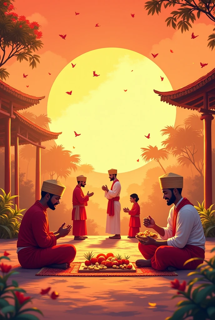 i want a background for invitation card 
"A vibrant Sri Lankan New Year celebration scene, featuring people wearing traditional attire like red and white, with hats. They are making cashews and offering prayers to the sun god, depicting a traditional festival atmosphere. People are also creating 'kewili', a Sri Lankan sweet treat, and the scene is filled with warmth and joy. The background should show festive decorations and the cultural customs of Sri Lanka, highlighting the essence of the holiday. The overall image should be colorful, lively, and rich in cultural details."

This detailed description will guide the AI in creating an image that reflects the celebration, cultural practices, and traditional attire described. You can adjust the prompt according to your needs and the specific AI platform you are using.