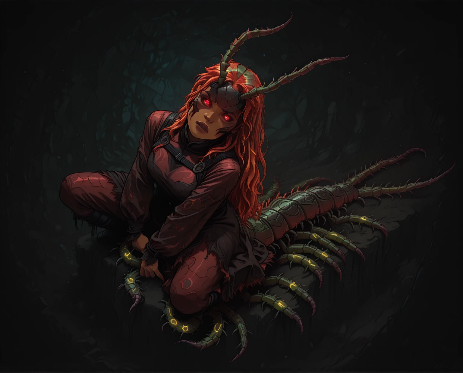 score_9, score_8_up, score_7_up, score_6_up, <lora:4r4chn1dPony:0.9> fantasy 4r4chn1d 1girl, perfect face, detailed face, concept art, digital art, realistic, closeup, medium shot, (cloth:0.8), solo, warrior, arachnid, angry, evil, character focus, Yellow hair, red skin, cavern,long hair,corpse, combat stance, attacking, fearsome, scary horror \(theme\), (in __LocationWildcards/locations_fantasy__:0.5), desktop wallpaper, official_wallpaper, desaturated, atmospheric, concept art <lora:Concept Art Brush Style LoRA_Pony XL v6:0.8> dark theme, low light