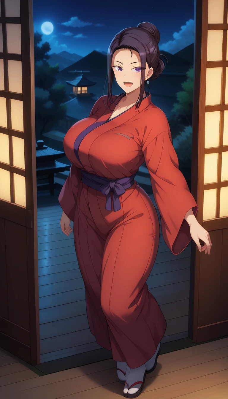 Rangiku Matsumoto in a Black Kimono, sexy pose, smirking face, insanely detailed and intricate, High quality, high coherence, deep focused image, full-length photo, anatomically correct, long orange hair, cleavage, perfect nose, perfect eyes, looking at viewer, in a ancient Japanese city, at night, hypermaximalist, beautiful, appealing, attractive, super detailed,