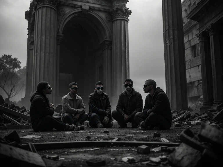 three men sitting on a bench with one wearing a mask, still from a music video, Direction: Ras Akyem, by João Artur da Silva, a dream, Full mood, Don&#39;t listen to evil, resting after a hard fight, edited, por Afewerk Tekle, aesthetic photo, movie still tired, I don&#39;t see any harm, by Alexis Grimou