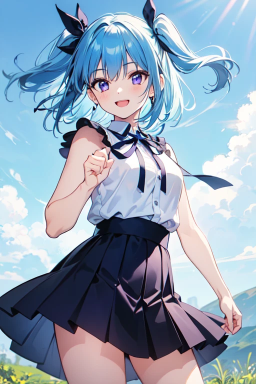 high school girl, Blue Hair, ribbon