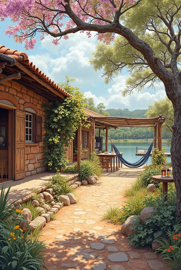 "Rustic countryside chalets with brick walls, colonial ceramic roof tiles, wooden shutters, and front porch with hammocks, surrounded by Cerrado vegetation and blooming pink, yellow, white, and purple ipê trees. Central communal area with stone wood-fired oven, wooden pergola with vines, and a long rustic table. In the background, an artificial lake with a wooden dock, fishing rods, and gallery forest. Warm daylight, watercolor painting style, earthy tones."