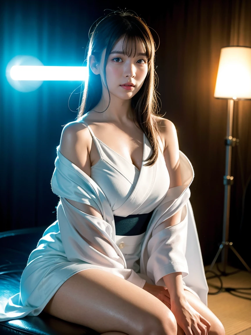 Vertical screen、
Full Body、A beautiful Japanese girl is shown sitting in a futuristic background.。She was wearing a white sheer camisole dress.、Its design is simple and elegant。The dress is made of soft material.、It fits her body nicely。
Her hair is shoulder-length、blackened、It's naturally wavy。The bangs are lightly covering the forehead.、Her hair is held in place with white hairpins.。Her eyes are big、in deep brown、It shines mysteriously in the light.。Her expressionは静かで、It exudes a somewhat melancholic atmosphere.。
Her skin is very smooth、Shining in the pale blue light。she sits on the floor、Bend and cross your knees、Hands lightly placed on ankles。このPauseが彼女のリラックスした状態とともに、I feel a little bit of tension.。
The background is a futuristic design.、Blue neon lights are shining。High-tech equipment is installed on the walls.、The overall atmosphere is cold.。This scene enhances her pure and innocent beauty.。
as a whole、This image is美少女の静かで繊細な美しさを見事に捉えています。Her expression、Pause、Costume、And the background design comes together.、It creates a very attractive and visually immersive look.。This image is、It simultaneously expresses the transience and beauty of human beings in a futuristic environment.、It is a piece that leaves a strong impression on the viewer.。