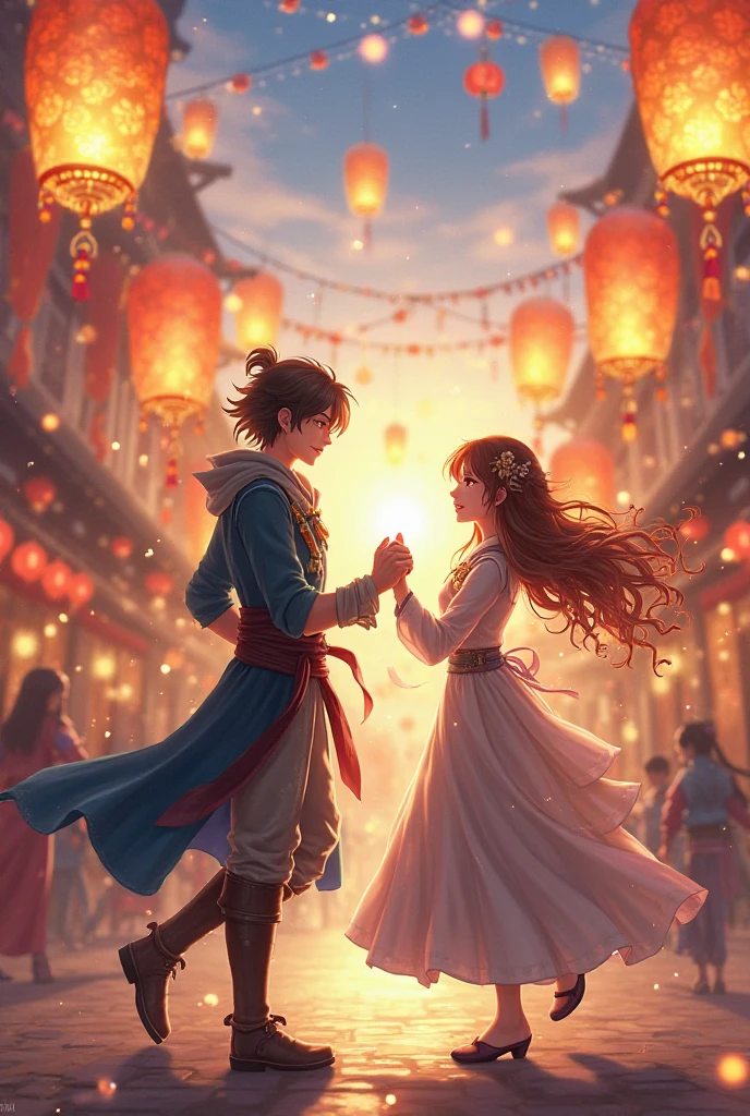 Wanderer from Genshin impact and girl with brown hair are together dancing  at a lantern rite together