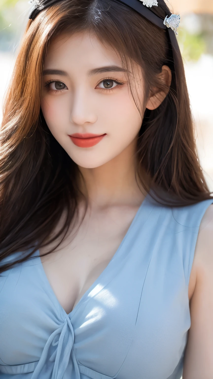 ((The highest image quality, 8K, a masterpiece of:1.3)), 1girl huge large breasts, Beautiful woman with slender abs:1.3, (casual hairstyle, :1.2), sexy dress,Ultra-fine face, Detailed eye, 二重まぶた,With smiling eyes。Take pictures in cute poses,The figure is very bad,tiny small waist,A big-breasted,close-up,Close-up chest,White-skinned,beautiful in the background