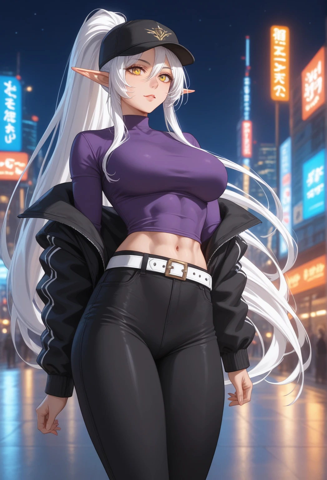 Sexy Asian girl sitting in the street at night, belly button piercing, neon lights, detailed background, raining, beautiful thighs, dark purple leggings, fit, wearing fishnet shirt, strip teasing, sexual pose, wearing a long oversized hoodie, wearing fanny pack ,wearing gym shorts, loose bra strap, off the shoulder, wearing streetwear clothes, style anime girl with purple light in the background, neck choker with necklace, evil look, white hair, sexy thighs, fishnet shirt, anime style 4 k, 8k high quality detailed art, seductive anime girl, anime art wallpaper 4k, anime art wallpaper 4 k, detailed digital anime art