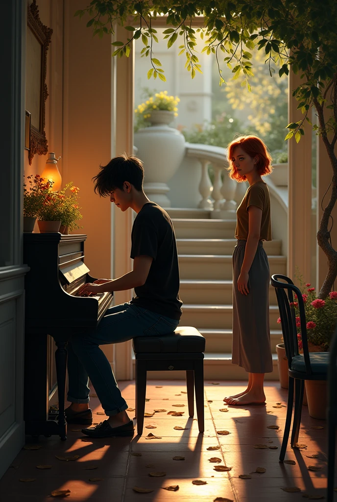 Scene on a balcony of a house,There are some chairs, many pots with different types of flowers, many dry leaves are scattered on the floor, giving an appearance of carelessness. There is a wide staircase, that seems to connect with the three levels of the house, and next to it there is a piano, with a 21 year old white man, short black hair, blue eye lenses, Sitting at the piano , dressed in a black t-shirt and dark blue jeans. His silhouette is cut out against the soft ambient lighting of an opulent room, he finds himself looking at the woman and turning his back. In the background, a 19-year-old white woman, with freckles, green eyes, stands next to a door, dressed in a dress with a short sleeve brown t-shirt and dark pants. Her short red-haired hair, cascades down. The warm and intimate lighting casts soft shadows, creating a romantic atmosphere. The image captures the woman from a low angle and the man from the side, prioritizing tranquility and elegance, with a shallow depth of field that keeps the subject in focus while softly blending the environment. 