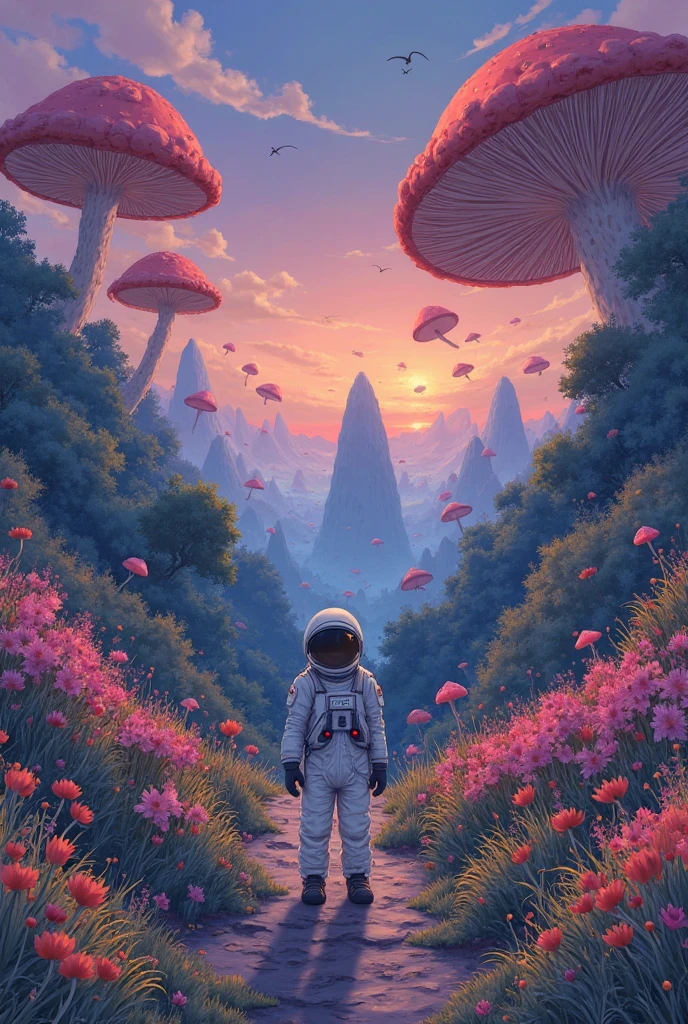 A lone astronaut forgotten on a distant, dreamlike planet, overgrown with lush, otherworldly vegetation. The astronaut's suit is slightly worn, sitting quietly amidst giant colorful mushrooms and glowing flowers. The atmosphere feels melancholic yet magical. The sky is painted with surreal colors — purples, oranges, and deep blues — and floating islands drift in the distance. Studio Ghibli art style, soft lighting, delicate hand-drawn textures, emotional and whimsical tone.



