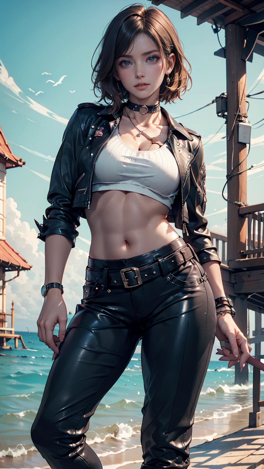 (8k, Foto RAW, melhor qualidade, obra-prima: 1.2), (realista, Foto realista: 1.4), (renderizado: 1.4), (extremamente detalhado CG unidade 8k papel de parede), (1 menina: 1.5), NVIDIA RTX Ray Tracing, corpo inteiro, 1 menina loira, garota real, ultra high-resolution, high-resolution, Cindy, ( Cindy Aurum Final Fantasy XV), She's an auto mechanic, beleza oriental, linda garota, leve sorriso, olhando para o espectador, (pele altamente detalhada: 1.2), ( jaqueta amarela curta com detalhes em vermelho:1.4), Short yellow leather jacket with red accents and slightly smeared with engine oil, Open jacket with red lingerie on display, (Bra Red: 1.4), Red bra on jacket neckline, (short jeans azul curto), Old steampunk welder glasses around the neck, cinto de ferramentas em couro marrom levemente folgado na cintura, pele parda com leve brilho, corar, olhos grandes, corpo inteiro, coxas muito grossas e musculosas bem definidas, pernas grossas e torneadas definidas, well-defined muscles, barriga musculosa, cintura fina, defined abdomen, quadris largos, umbigo aberto, cabelos loiros na altura dos ombros, blonde hair, Red cap with shark logo, seios grandes, decote nos seios, corpo voluptuoso, Pose sexy, Legs on display, botas de couro branco na altura dos joelhos, Meias de arrasto pretas, particuls, Ao fundo, an old gas station in the desert and an old winch truck, noite escura estrelada, starry dark sky, estrelas cadentes, pegue a chave.