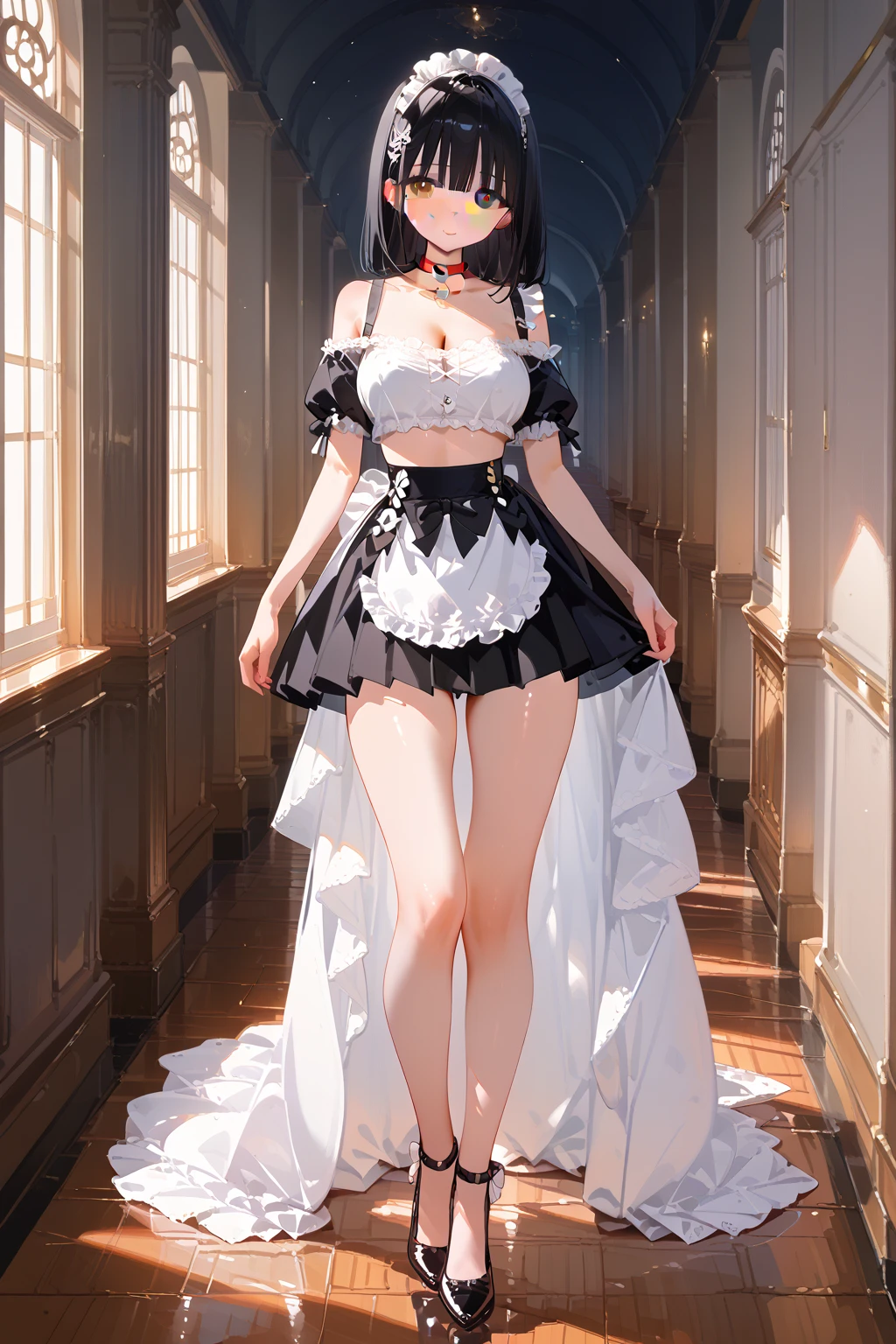 (The perspective is from below:1,5),1girll,black and white maid clothes，Lift the skirt，full bodyesbian，huge tit，long leges，unhappy