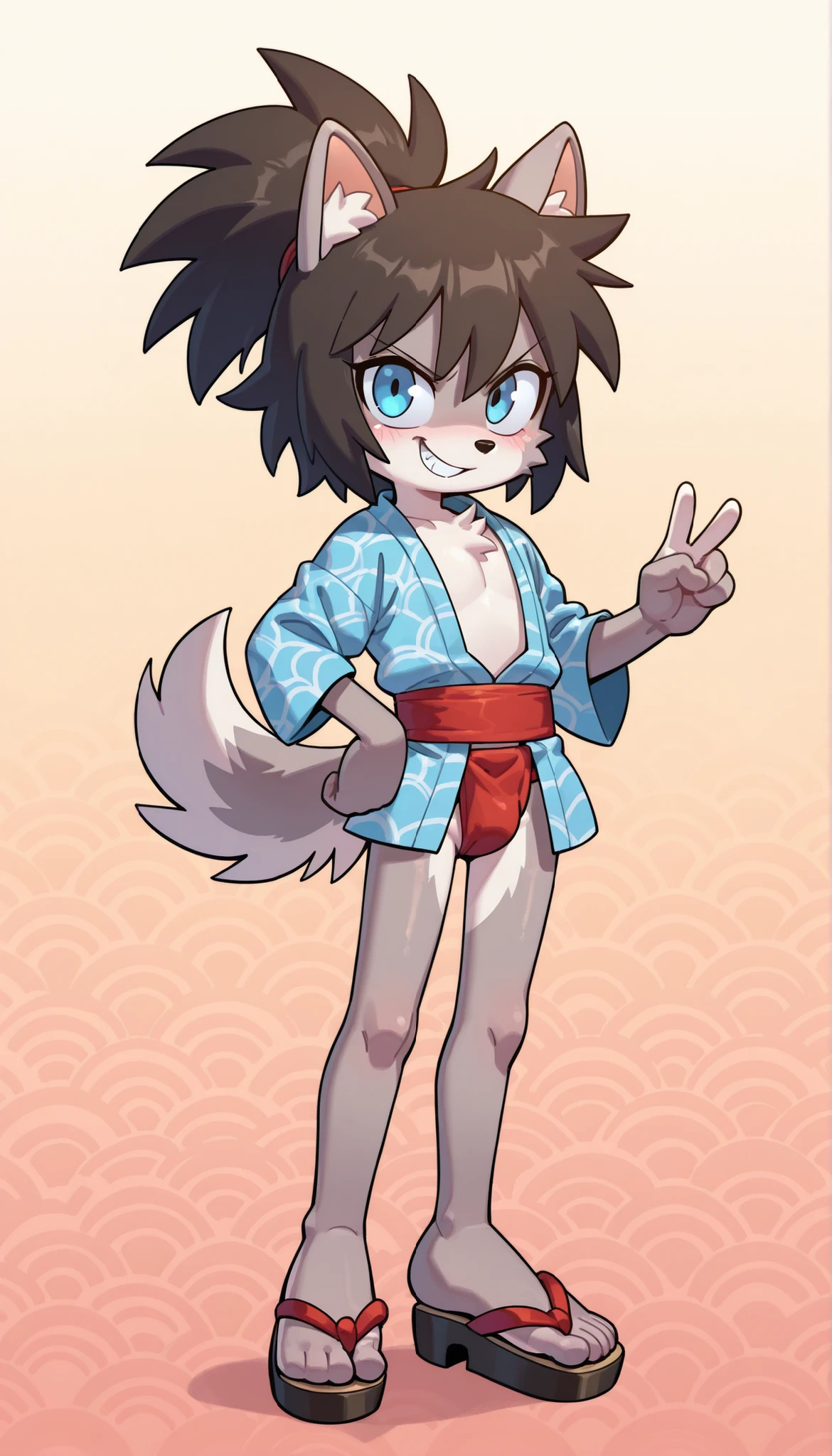 masterpiece, alone, one boy, of young children、Grey furry, kemono, A white loincloth with a bulging crotch, naked,  sinner,Troubled face, blush, Watery eye, Look down, Hands tied together in front of the body, Standing on the road、Edo Town、Spectators