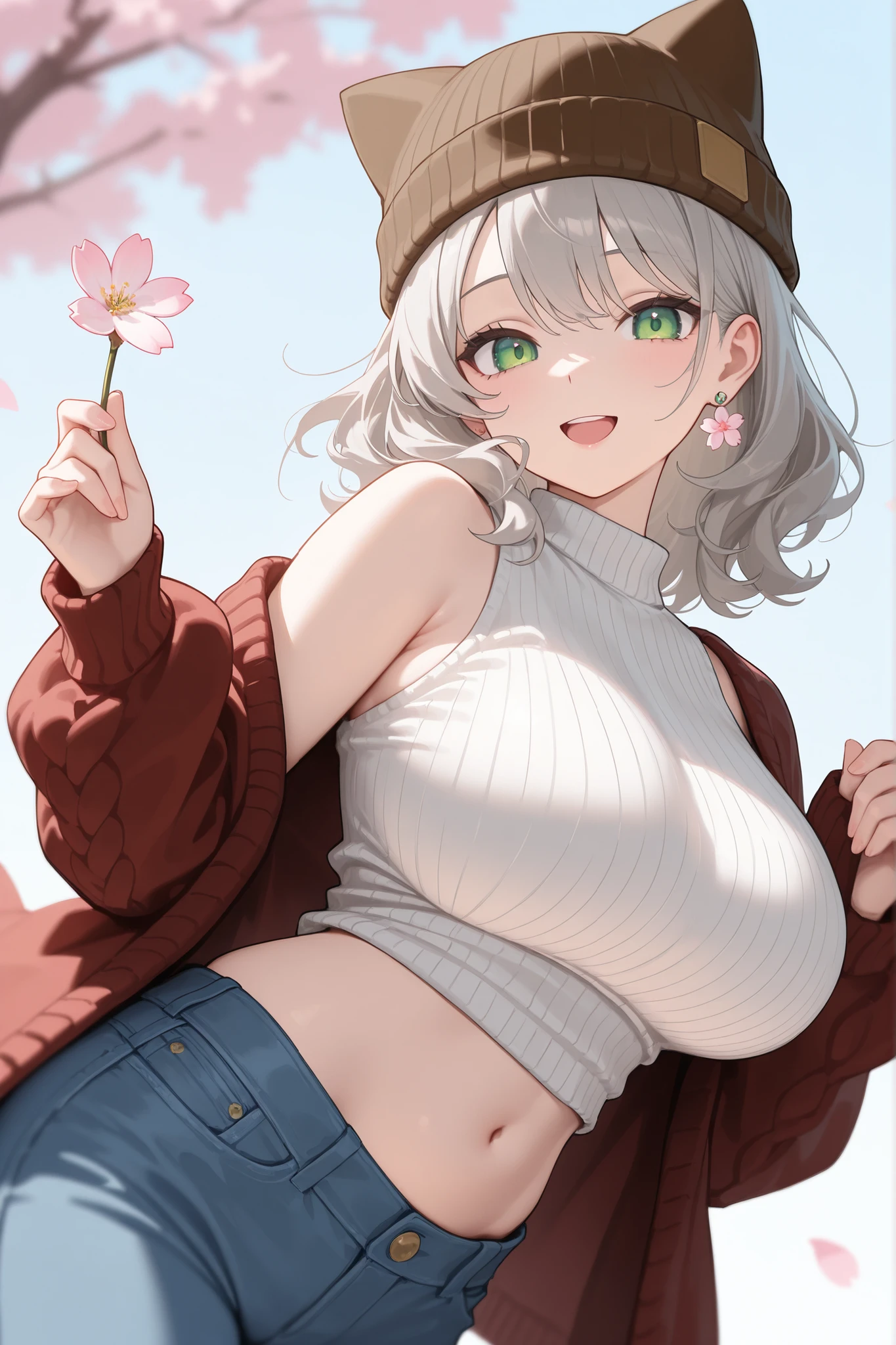 masterpiece, best composition, dynamic, best quality, detailed face, detailed eyes, 1 girl, solo, beautiful, big chest, slender body, mature, light makeup, cute, adorable, bright smile, open mouth, medium hair, grey hair, wavy hair, short tidy bang, green eyes, earrings, black cat_ear barret hat, knitted cardigan outer, sleeveless top inner, short denim pants, stomach, thighighs, outdoor background, sakura tree, holding sakura flower, day, clear sky, depth of field, bloom, soft lighting, looking at viewer,