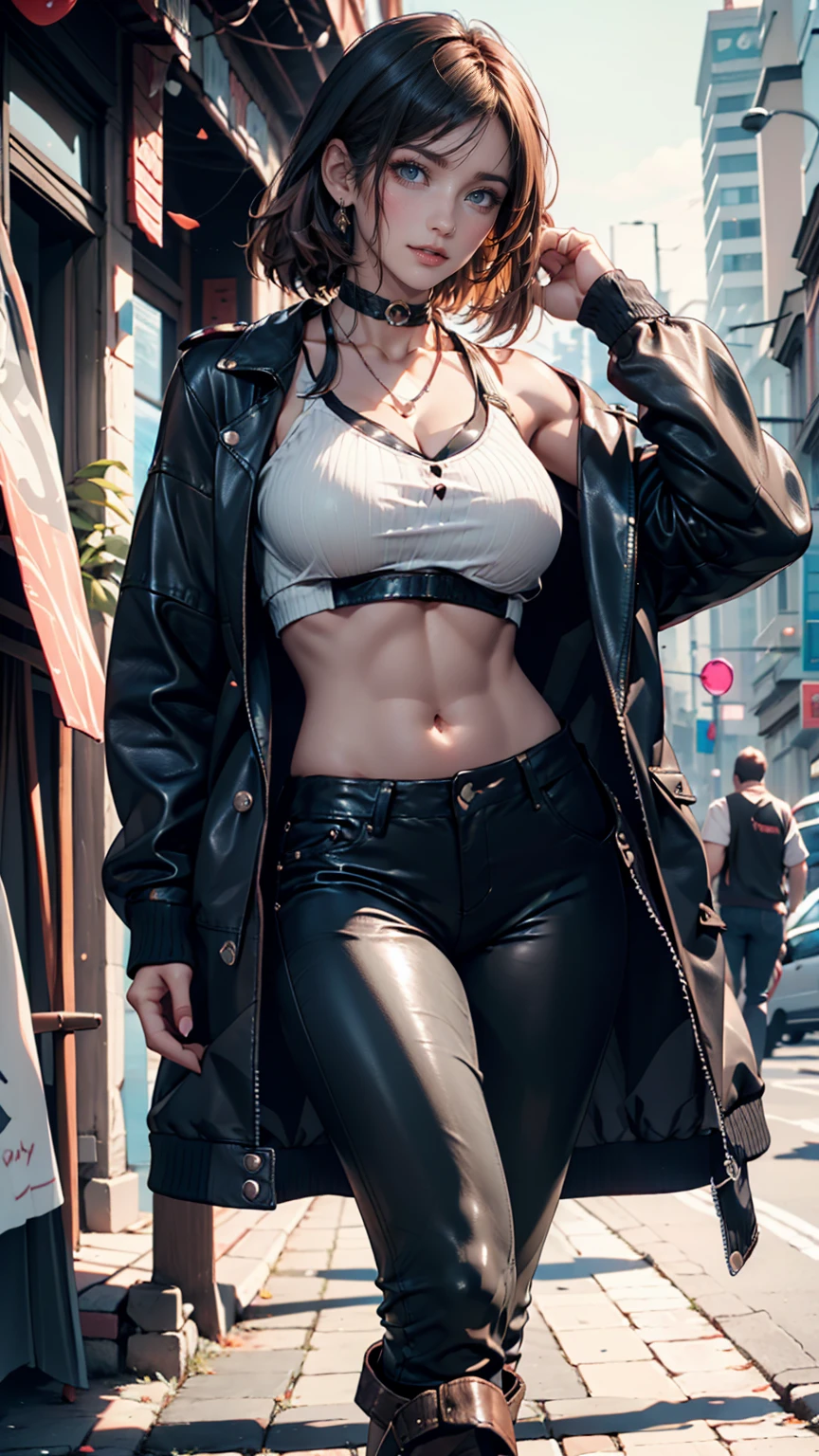 short hair, (masterpiece、highest quality、Official Art), Beautiful face and dark eyes, Look down, Looking at the audience:1.5, Big smile, Wet Hair, Small Top, White jacket, (Black bondage suit:1.2), Black collar, Black choker, Glowing Skin, Spread your legs wide, Realistic:1.9, Very detailed, Full Body Shot:1.2, Super Heroine, High-resolution RAW color photos, High Detail, Ultimately realistic details, Ultimately realistic texture, Ultimate in exquisite detail, Professional photos, Sexy portrait of a girl, Voluptuous bust, Narrow waist, Cleavage, Trained abdominal muscles, Big Ass, Complete the whole body, Full body image, No underwear, highest quality, ((background:In town:1.4)), Suzune, Suzune's clothes